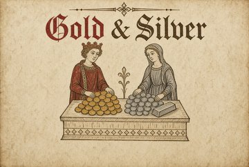 A medieval-style illustration with the title 'Gold & Silver' depicting a king and queen seated at a table with piles of gold and silver coins.