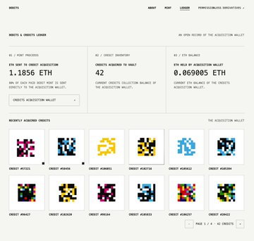 A screenshot of an NFT marketplace showing 'Credits & Credits Liquor' with stats like 'Top Gain Credits Liquor 1.1856 ETH', 'Credits Acquired to Wallet 42', and 'Credits Acquired Liquor 0.069005 ETH', along with a grid of 'Recently Acquired Credits' pixel art NFTs.