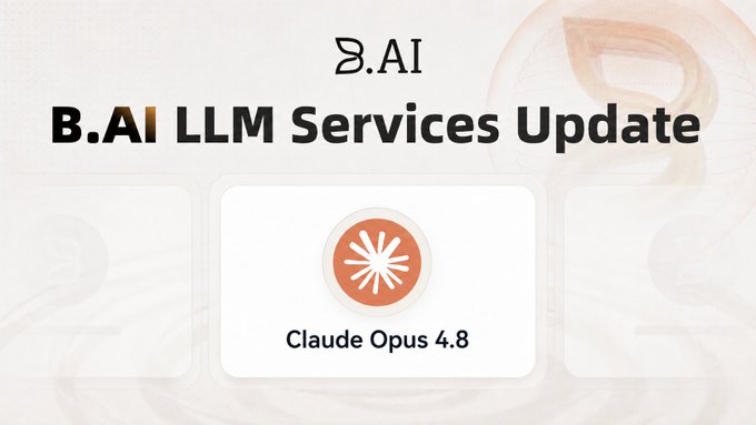 The image features a white background with an orange circle containing the text "Claude Opus 4.8" written inside of it, along with two other circles that say "B.A.I." and "CLOUD". The image also includes a small photo of a person's face on the right side.