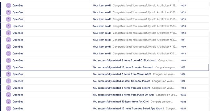 A screenshot of an OpenSea notification inbox showing numerous alerts of successfully sold and minted NFT items like "Arc Broker," "Blockborn," and "Arc Runners!"
