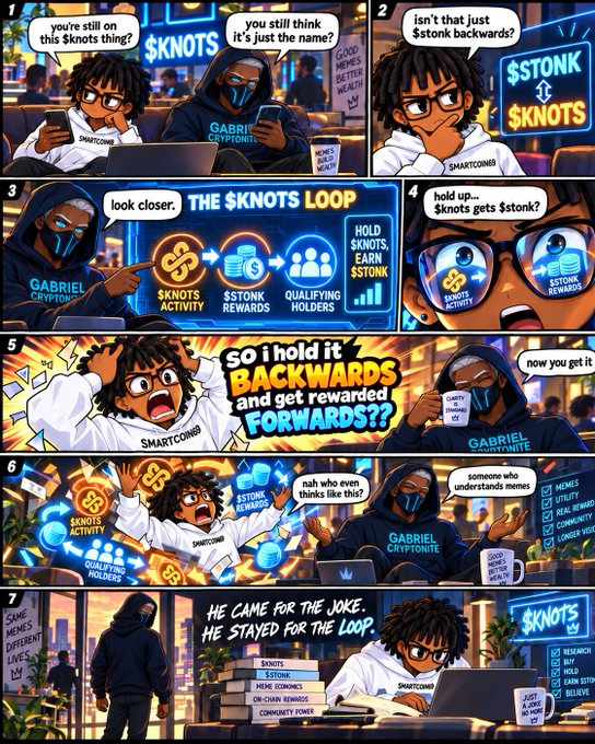 The image is a 7-panel comic strip showing the conversation referenced in the post: a character with glasses asks "you're still on this $knots thing?" and learns that $KNOTS is "just the name," prompting him to realize "$stonk backwards," then getting shown "THE $KNOTS LOOP" diagram (featuring $knots Activity, $stonk Rewards, and Qualifying Holders), before excitedly declaring "so i hold it BACKWARDS and get rewarded FORWARDS???"—ending with the punchline text panels "HE CAME FOR THE JOKE" and "HE STAYED FOR THE LOOP," perfectly illustrating the tweet's story about smartcoin69 dismissing $KNOTS as just "$STONK backwards" until he discovered the $knots activity loop rewarding $stonk to holders (@KnotsOnStonk).