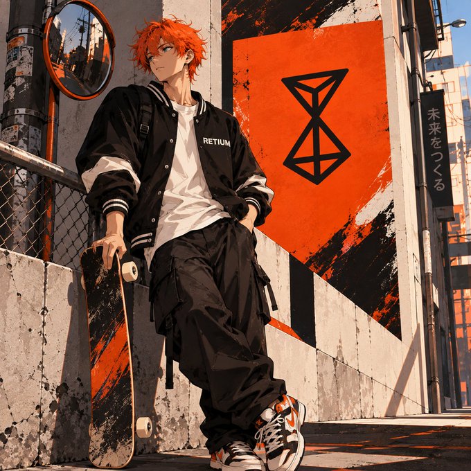 An anime-style illustration of a young man with orange hair holding a skateboard, wearing a black jacket over a white shirt, posed in an urban setting with an orange geometric logo and Japanese text '未来をつくる' on the wall.