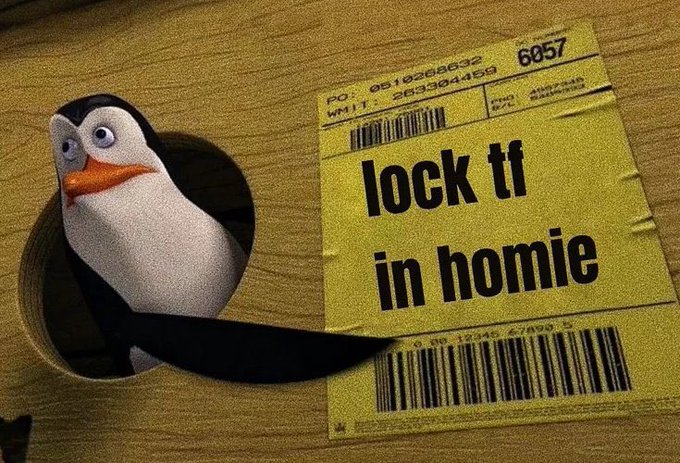 A meme featuring a penguin (from Madagascar) holding a yellow shipping label that reads 'lock tf in homie'.