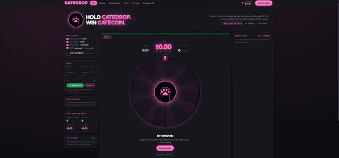 A screenshot of the 'CATEDROP' website showing a digital roulette wheel game interface to win 'CATEDROP WIN CATEDROP' coins.