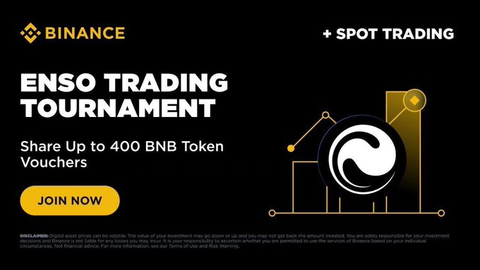 A Binance promotional banner for the 'ENSO TRADING TOURNAMENT' offering up to 400 BNB token vouchers, featuring a 'JOIN NOW' button and a chart graphic.