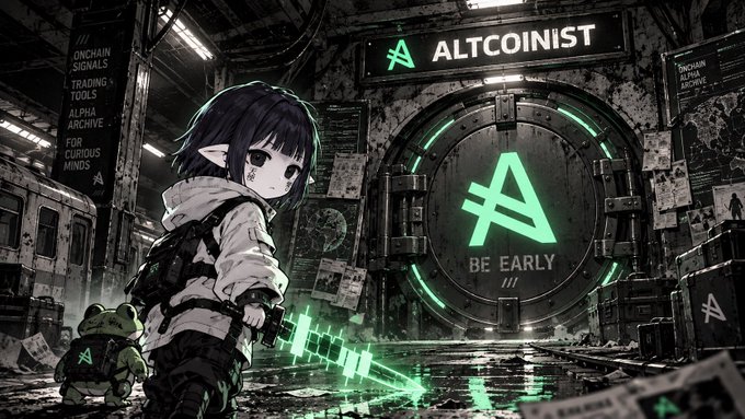 An anime-style illustration depicts a dark-haired character with pointed ears holding a glowing green pixel sword, standing before a vault door branded 'ALTCOINIST' with 'BE EARLY' displayed below its logo, while a poster lists features like 'ONCHAIN SIGNALS', 'TRADING TOOLS', 'ALPHA ARCHIVE', and 'FOR CURIOUS MINDS'.