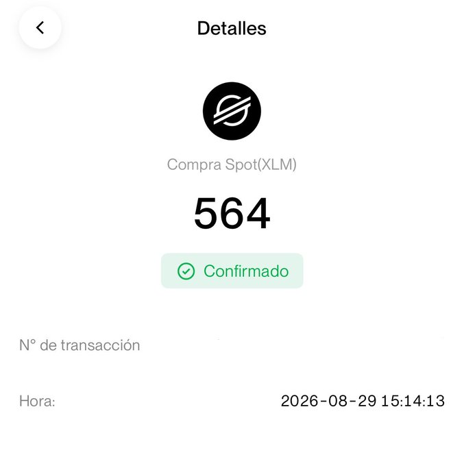 A mobile app screenshot in Spanish titled "Detalles" shows a confirmed "Compra Spot(XLM)" transaction for 564, dated 2026-08-29 15:14:13, with Stellar's logo.