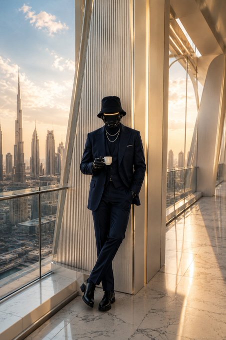 A stylish man in a navy suit and bucket hat holds a small white cup while leaning against a marble column on a high-rise balcony overlooking a city skyline at sunset. The luxurious, relaxed setting perfectly complements a cheerful "GM CT, Happy Monday" greeting, evoking an upscale, easygoing start to the week.