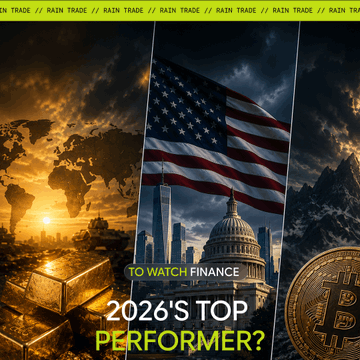 The image is a stylized graphic from "Rain Trade" with the title "2026'S TOP PERFORMER?" and a "TO WATCH FINANCE" banner. It features three panels showing gold bars at sunset, the U.S. flag over the Capitol building, and a Bitcoin coin against a mountain backdrop, visually representing the three assets—gold, the S&P 500, and Bitcoin—competing for top performance in 2026 as discussed in the accompanying post.