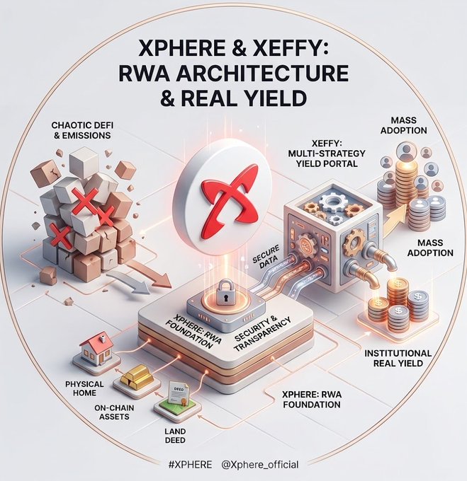 An infographic titled 'XPHERE & XEFFY: RWA ARCHITECTURE & REAL YIELD' illustrating how Xphere's RWA foundation transforms physical and on-chain assets into secure, transparent institutional real yield through Xeffy's multi-strategy yield portal, tagged #XPHERE @Xphere_official.