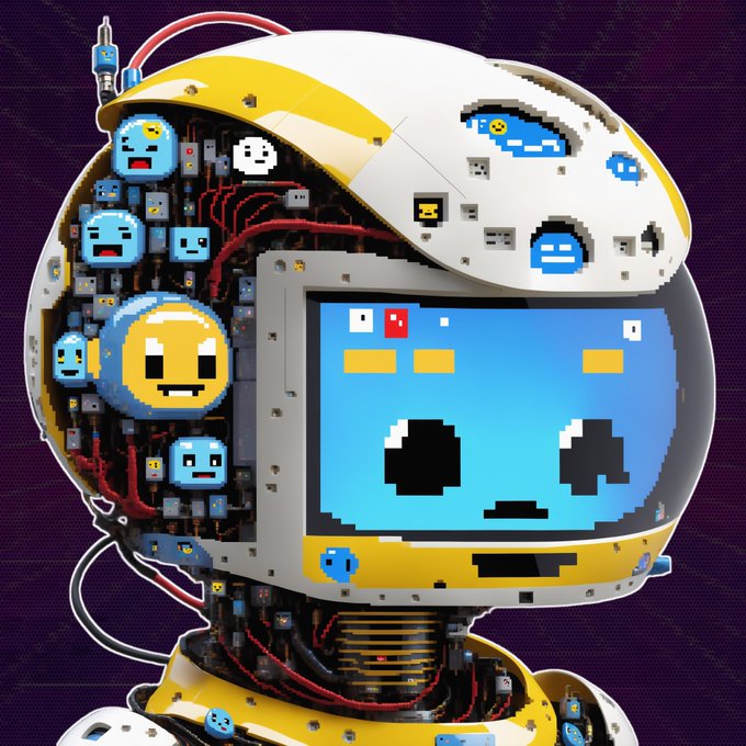 A digital illustration depicts a yellow and white robotic head with a screen face displaying a pixelated sad expression, featuring various small pixel-art emoji faces embedded in its mechanical components.