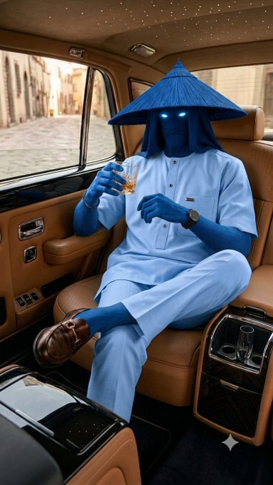 A blue-skinned figure wearing a traditional conical hat and light blue outfit sits in a luxury vehicle, holding a glass of amber liquid while gazing out the window.