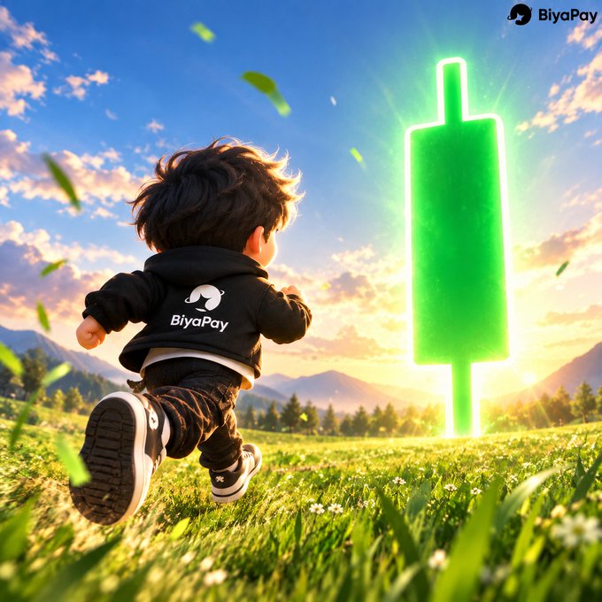 Animated graphic of a child in a BiyaPay hoodie running through a grassy field toward a glowing green candlestick chart at sunset.