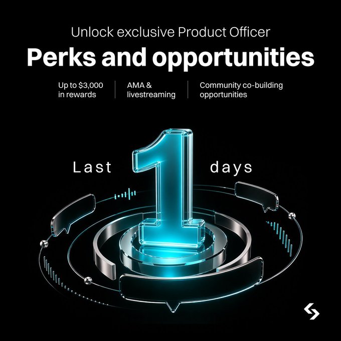 A promotional countdown graphic showing "Last 1 days" with a glowing cyan "1" on a circular tech-style platform, advertising the Bitget Community Product Officer project that offers up to $3,000 in rewards, AMA/livestreaming, and community co-building opportunities before participation closes.