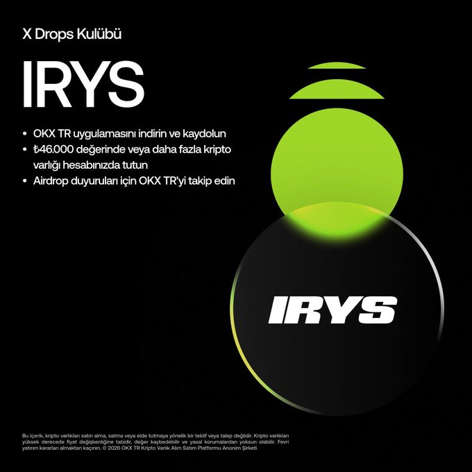 The image features an advertisement for an event called "IRYS" that takes place between June 8-14. It seems like a social media marketing campaign promoting the product or service offered by @OKXTurkiye X Drops Club, which is focused on passive income generation through cryptocurrency trading. The post emphasizes the importance of having suitable crypto assets in one's account to participate in the event and win more passive income.