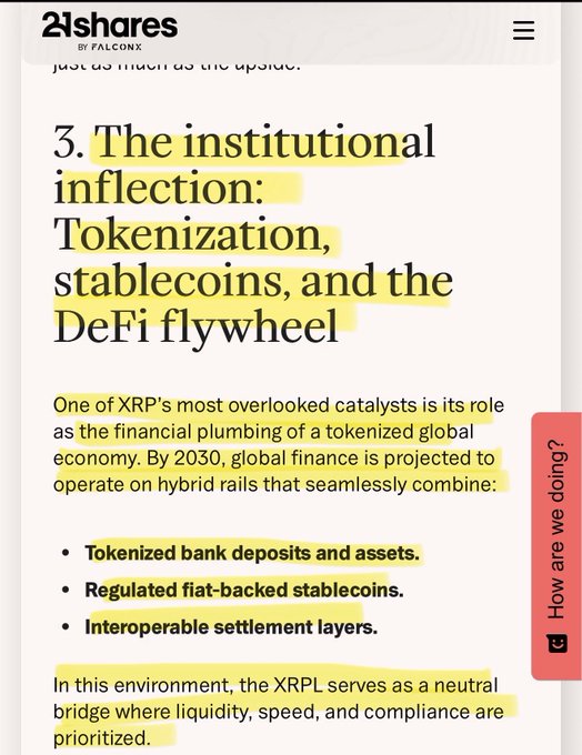 A screenshot of a 21Shares article titled "3. The institutional inflection: Tokenization, stablecoins, and the DeFi flywheel" highlighting how XRP serves as financial plumbing for tokenized bank deposits, stablecoins, and interoperable settlement layers by 2030, connecting to the post about XRP and tokenized deposits.