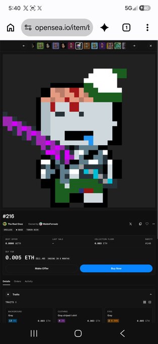 Screenshot of an OpenSea NFT listing #216 'The Real Ones' showing a pixel art knight character, priced at 0.005 ETH.