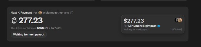 The image shows a dashboard indicating a "Next X Payment" of $277.23 for the user @bigimpacpthumans, with $168.01 contributed so far toward a payout titled "LilHumansBigImpact." It humorously illustrates the post's point by showing a personalized crypto token ("LilHumansBigImpact") with a financial payout waiting to be distributed, highlighting how niche, personalized crypto projects have become commonplace.