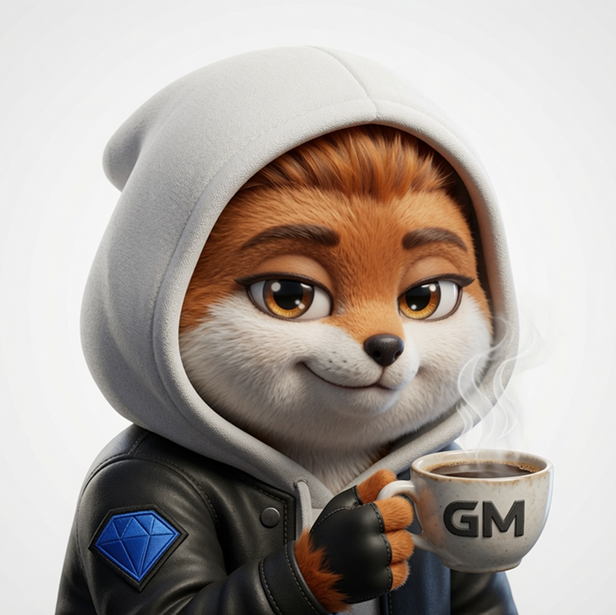 An animated anthropomorphic fox character wears a gray hoodie and black leather jacket, holding a steaming mug that says 'GM'.