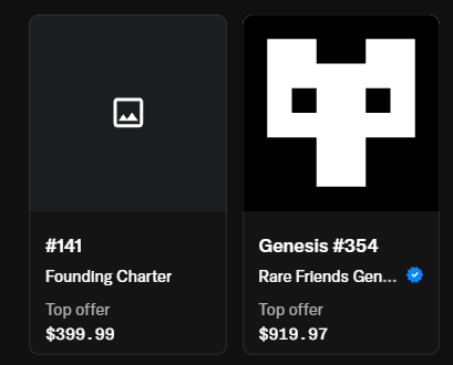 A digital marketplace interface displaying two NFT items: '#141 Founding Charter' with a 'Top offer' of $399.99, and 'Genesis #354 Rare Friends Gen...' with a verification checkmark and a 'Top offer' of $919.97.