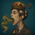 A classical-style portrait painting of a figure in a suit wearing a laurel wreath crown, with abstract yellow and black smoke-like patterns swirling around their head against a dark teal background.