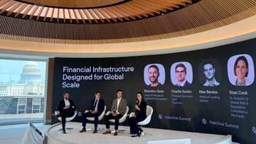 A panel discussion titled "Financial Infrastructure Designed for Global Scale" at the Injective Summit on Capitol Hill, featuring speakers Sunil Govind, Charlie Doyle, Max Thiemens, and Brad Cook, with Stasi (Senior Director of Global Risk & Regulatory Compliance at MoonPay) among the presenters being highlighted in the accompanying post for her appearance and interview by Eleanor Terrett.