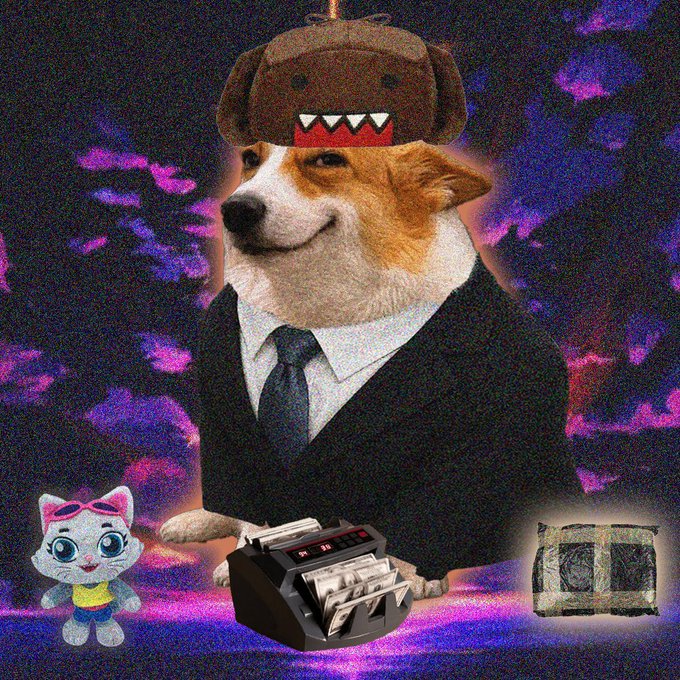 A corgi in a suit and Domo-style bear hat sits at a money-counting machine beside a cat figurine and a stack of bills, set against a vibrant purple background. The image playfully represents the "Where's my blue thingy?" caption—referring to the mysterious blue-tinted OpenSea NFT or currency piece the user is searching for amid the chaotic, money-themed scene.