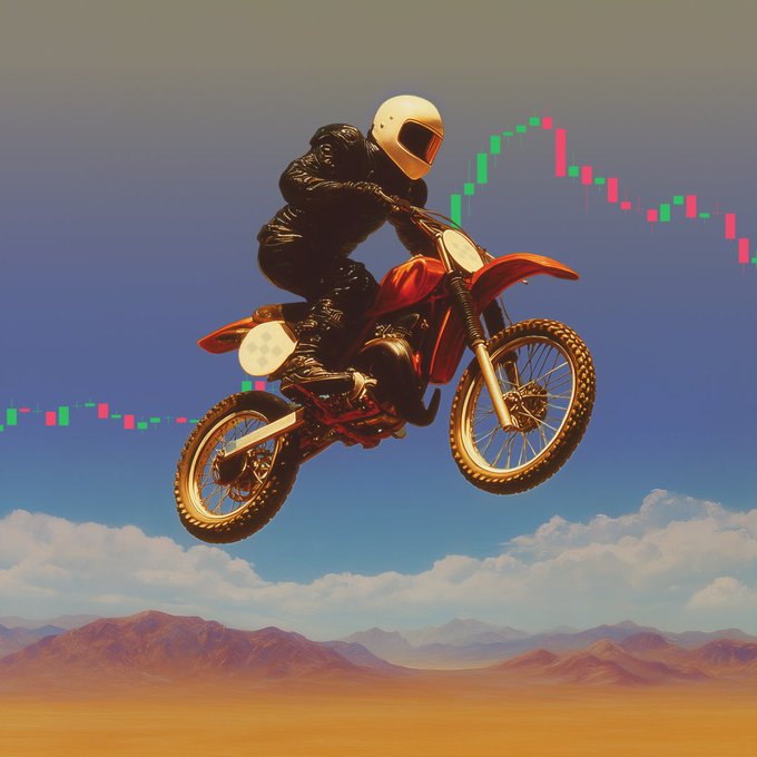 A motocross rider soars through the sky on a dirt bike against a desert backdrop, with a stock chart zigzagging in the background—visually echoing the post's message of making a leap into a new financial platform, "The New Money App."