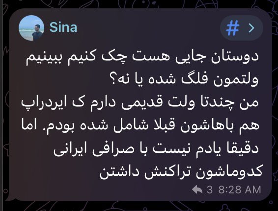 A Telegram message in Persian from user "Sina" at 8:28 AM discussing tracking falc (falcon) flights using old tools with an ID number rather than a wallet address, suggesting the method doesn't work well with Iranian exchanges due to sanctions.