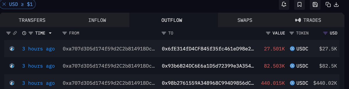 A dark-themed crypto transaction dashboard filtered for USD ≥ $1, showing transfers/swaps 3 hours ago with values like 27.501K USDC ($27.5K), 82.503K USDC ($82.5K), and 440.015K USDC ($440.02K).