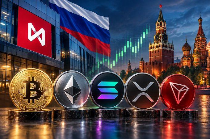 A promotional image featuring cryptocurrency coins (Bitcoin, Ethereum, Solana, XRP, Tron) displayed in front of a building with the Russian flag, alongside the Kremlin and St. Basil's Cathedral, with a green trading chart in the background.