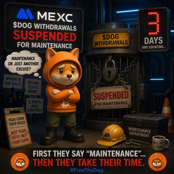 Meme graphic criticizing MEXC exchange for suspending $DOG withdrawals, showing a sad cartoon dog next to a locked vault with the text '3 DAYS AND COUNTING' and '#FreeTheDog'.