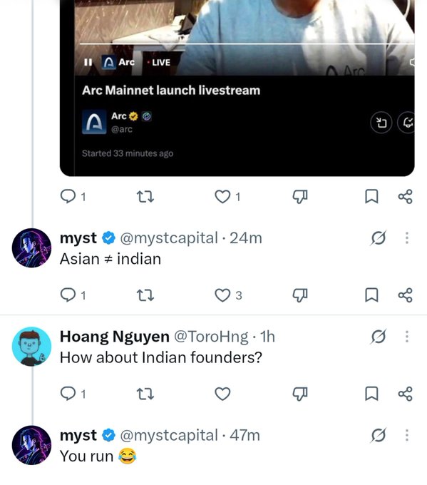 A Twitter screenshot showing a livestream titled "Arc Mainnet launch livestream" by @arc, with replies including "Asian ≠ indian" from @mystcapital and "How about Indian founders?" from @ToroHng, to which @mystcapital responds "You run 😄".