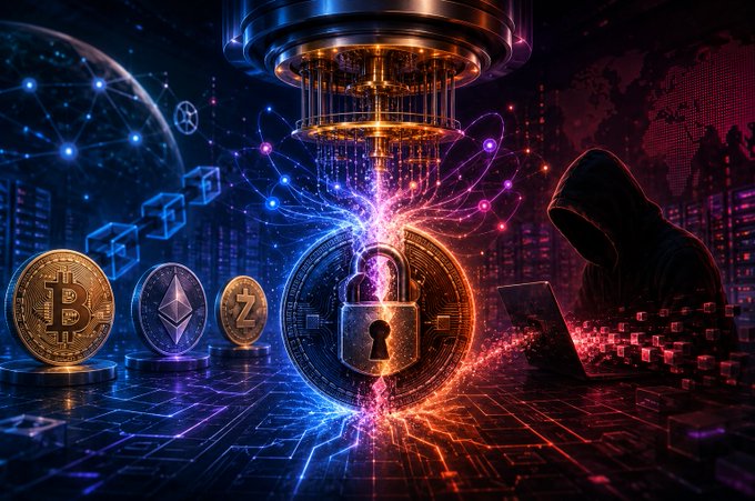 The image shows a futuristic scene with a large metallic structure resembling a black tower or a machine surrounded by colorful lights, possibly representing a fusion of technology and art. In front of this structure, there are four Bitcoins and an Etherium coin, which could be symbols of digital currency in this alternate reality. A person wearing a hoodie is sitting at a laptop computer, suggesting that they might be involved in some form of digital activity or transaction within the depicted scene.

The post about AI becoming the biggest threat to cryptocurrencies reads: "AI could become the biggest threat crypto has ever faced. As AI accelerates quantum computing research, the encryption protecting Bitcoin, Ethereum and modern blockchains may no longer be untouchable." This statement implies that advancements in AI technology might pose a significant risk to the security of digital assets like Bitcoins and Etherium coins.