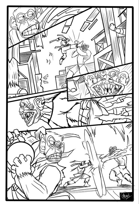 A black-and-white manga-style comic page depicting an intense action sequence featuring mutant ape characters battling through a cityscape with explosive combat scenes. The artwork aligns with the post celebrating Mutant Monday, showcasing the artist's 50-minute creative session featuring a Bored Ape character in a dramatic storyline preview.