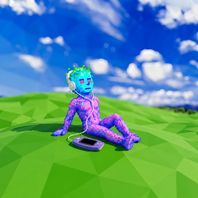 A 3D-rendered figure with a blue, blocky head and pink pixelated body sits relaxed on a low-poly green field, wearing white headphones connected to a handheld gaming device. The scene's gaming aesthetic and title "GM PLAYERS" suggest a playful greeting to the gaming community.