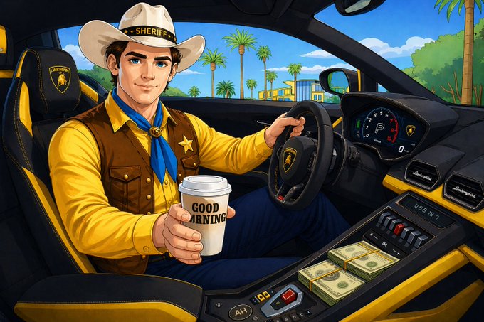 A cartoon sheriff in a yellow shirt and white "SHERIFF" cowboy hat sits behind the wheel of a sports car, holding a coffee cup labeled "GOOD MORNING" while bundles of cash rest in the center console—perfectly matching the "Good Morning Frens!" greeting with a cheerful, money-filled morning vibe.