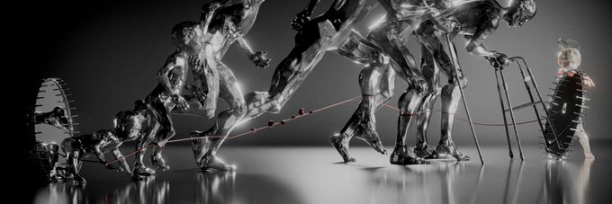 A cinematic 3D-rendered image showing translucent, chrome-like humanoid figures in dynamic poses against a dark background, with red laser lines crossing through them and a smaller figure on the right side emitting an orange glow.