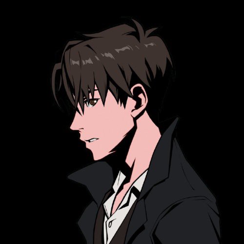 A side-profile anime-style illustration of a young man with dark brown hair, wearing a black coat over a white shirt against a black background.