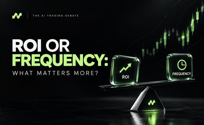 A dark promotional graphic with the text 'THE AI TRADING DEBATE' and 'ROI OR FREQUENCY: WHAT MATTERS MORE?', showing two glass blocks labeled 'ROI' and 'FREQUENCY' balanced on a seesaw in front of a green stock chart.
