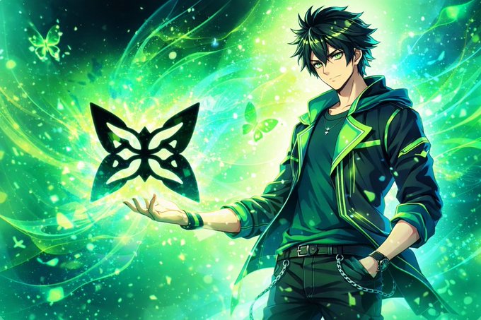 ikebana artist, dressed in green and black, holds a butterfly-shaped symbol against a vibrant green background with floating particles.