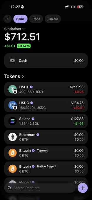 The image shows a phone screen displaying various cryptocurrency transactions, including Bitcoin, Etherum, and USDC. The wallet has $7,121.51 in it, which was used for fundraising purposes. There are also donations of $2,000 and $3,000 made through the fundraiser. The post on social media encourages people to contribute to a charity called "Fundraiser X" that helps with medical bills.