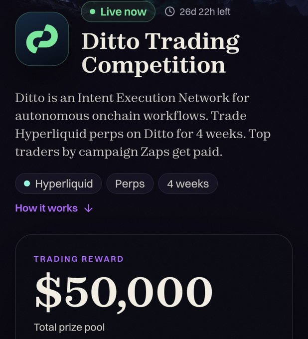 A promotional screenshot for the 'Ditto Trading Competition' offering a $50,000 total prize pool for trading Hyperliquid perps on Autonomies.