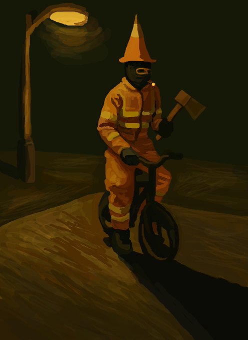 A digital painting shows a figure in an orange hazmat suit and traffic cone helmet, holding an axe while riding a unicycle in a dimly lit street.