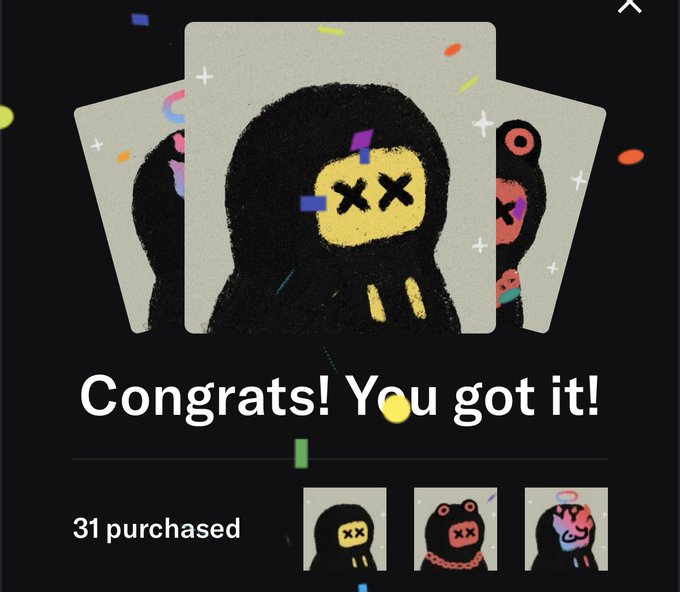 A digital screen displays 'Congrats! You got it!' after purchasing a stylized character artwork with XX eyes, showing '31 purchased'.