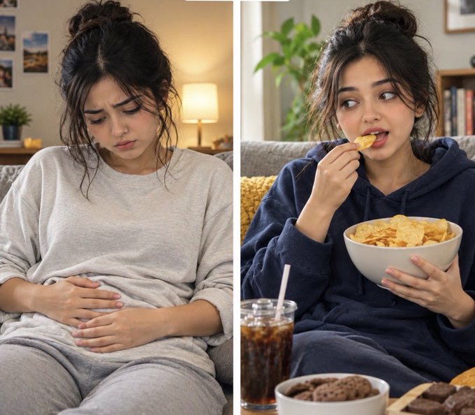 A side-by-side comparison showing a woman on the left in a gray sweatshirt holding her stomach in discomfort, and on the right a woman in a dark hoodie eating chips from a bowl with a soda.