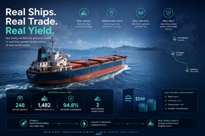 A promotional infographic for Sea Verity, highlighting "Real Ships. Real Trade. Real Yield." with key stats: 248 active signals, 1,482 verified port calls, 94.8% network confidence, and 3 ships moving cargo, alongside a trade route from Rotterdam to Qingdao via Istanbul. The image supports the post's emphasis on verifiable, real-world infrastructure in RWA projects, showcasing how EthraShip uses shipping data to back tokenized assets rather than relying on assumptions.
