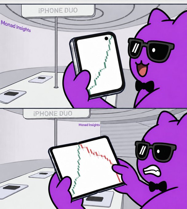 A two-panel cartoon meme features a purple character with sunglasses holding an 'iPhone Duo' displaying stock charts that turn from green gains to red losses.