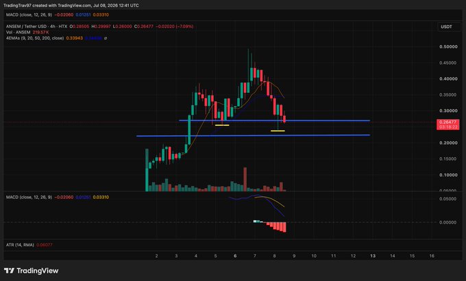 The image shows a TradingView 4-hour candlestick chart of ANSEM/USDT on MEXC, with price currently at $0.26477 (down 7.09%), displaying key horizontal support zones around the 0.25-0.28 range highlighted in blue and yellow, alongside MACD and ATR indicators showing bearish momentum — visually reinforcing the post's prediction of consolidation and potential capitulation toward the 200M zone (~$0.20) before a reversal.