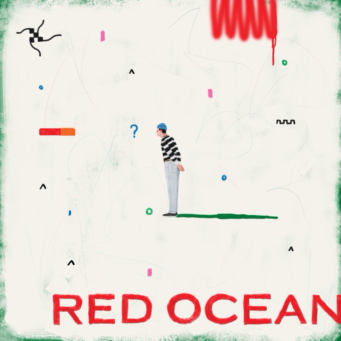 An artistic illustration titled 'RED OCEAN' shows a person in a striped shirt and blue cap looking up at a question mark, surrounded by abstract shapes and a red scribble at the top.